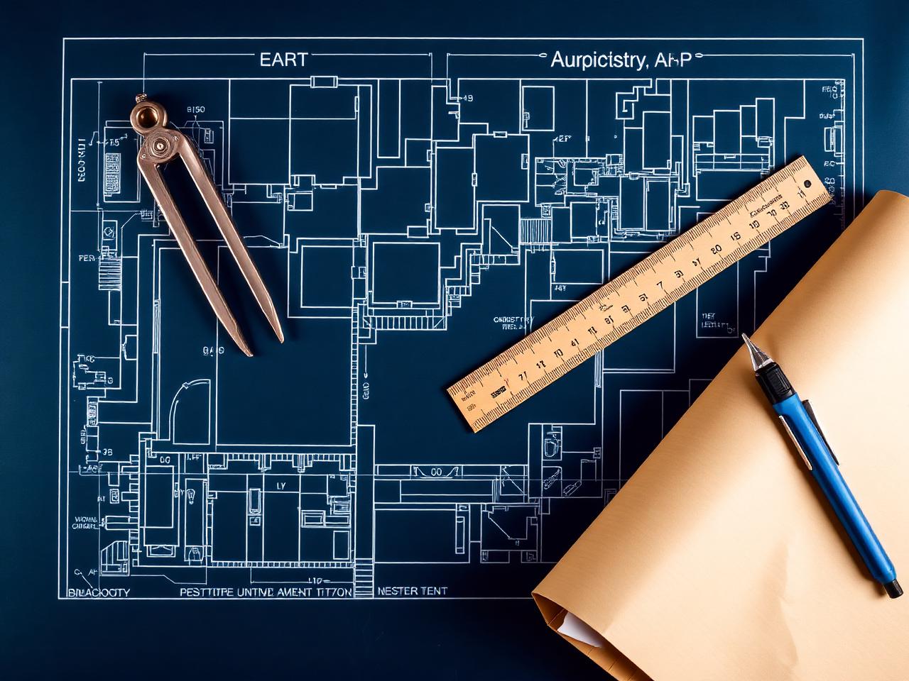 Architectural blueprint with drafting tools